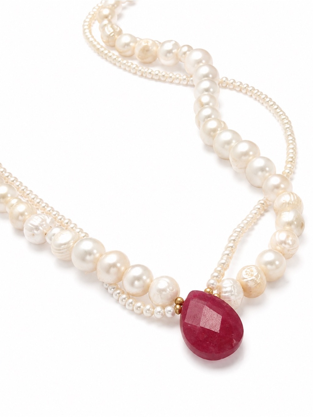 Handmade Freshwater Pearl Necklace with Red Teardrop Pendant